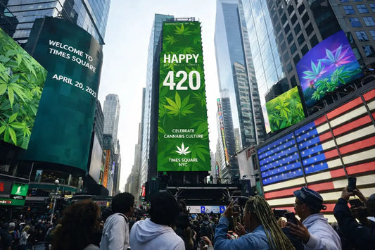 420 cannabis celebration in Times Square Manhattan NYC with cannabis themed billboards and crowd on April 20