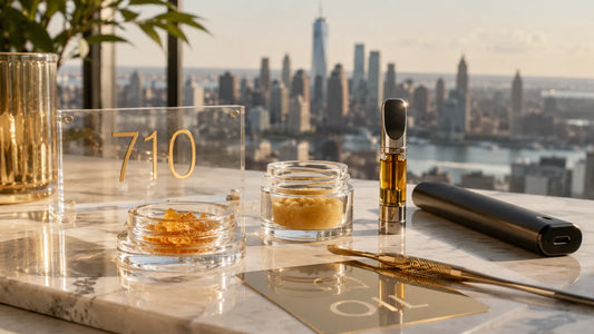 710 cannabis products in NYC including live resin, rosin, vape products, and concentrates on a tabletop with a Manhattan skyline background