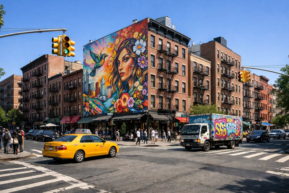 Street view near Bowery in Manhattan where locals visit nearby weed dispensaries and cannabis shops