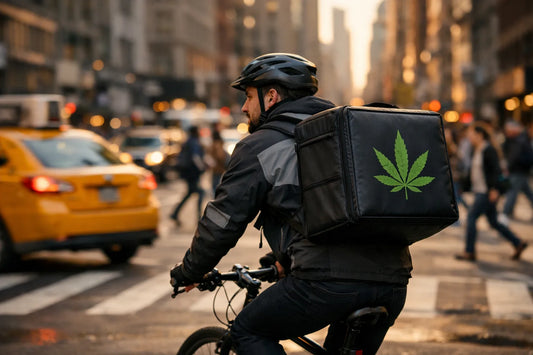 Licensed weed delivery courier riding through Manhattan NYC with a cannabis delivery order