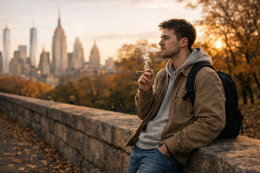 Man smoking a cannabis pre-roll with the Manhattan skyline in the background, illustrating where you can legally smoke weed in NYC