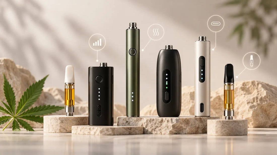 Different 510-thread vape batteries and THC cartridges displayed side by side, highlighting voltage control, preheat, USB-C charging, and cartridge compatibility.