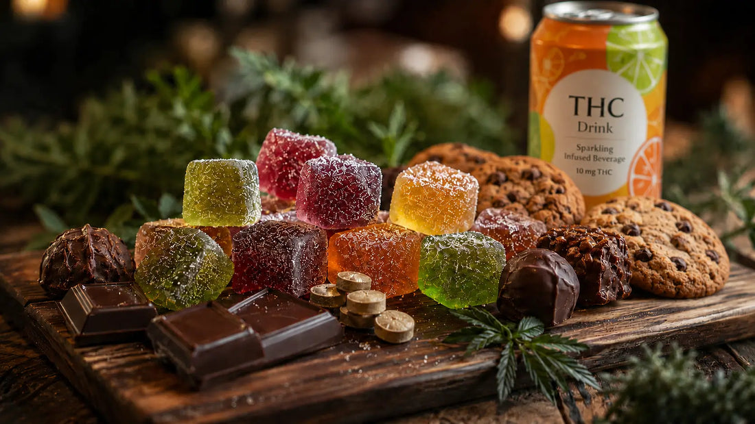 Best edibles in NYC with colorful gummies, chocolates, cookies, tablets, truffles, and water on rustic wooden board