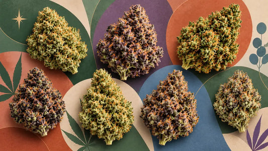 Seven collectible cards featuring different cannabis flower strains, representing popular hybrid cannabis varieties in NYC.