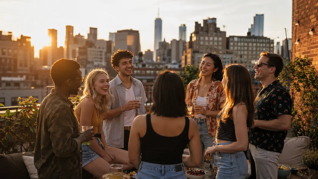 Group of friends enjoying a summer rooftop gathering in Manhattan