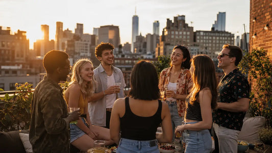 Group of friends enjoying a summer rooftop gathering in Manhattan