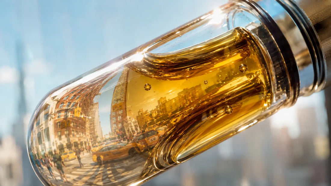 Close-up of a cannabis vape cartridge filled with amber oil, with a downtown Manhattan street and yellow taxis reflected through the glass