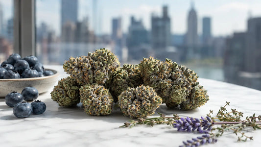 Blue Dream cannabis flower with fresh blueberries and a soft Manhattan background for a NYC strain guide