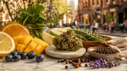 Cannabis flower with citrus, mango, blueberries, mint, lavender, rosemary, and spices on a sunlit New York City street.