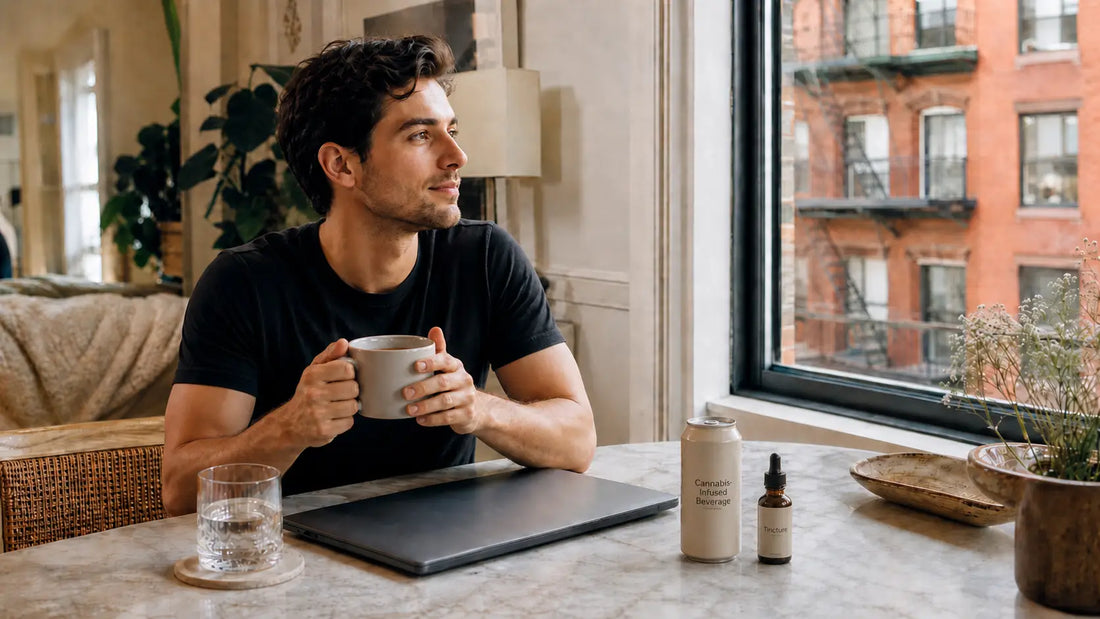 Man relaxing in a Manhattan apartment with discreet cannabis products on the table