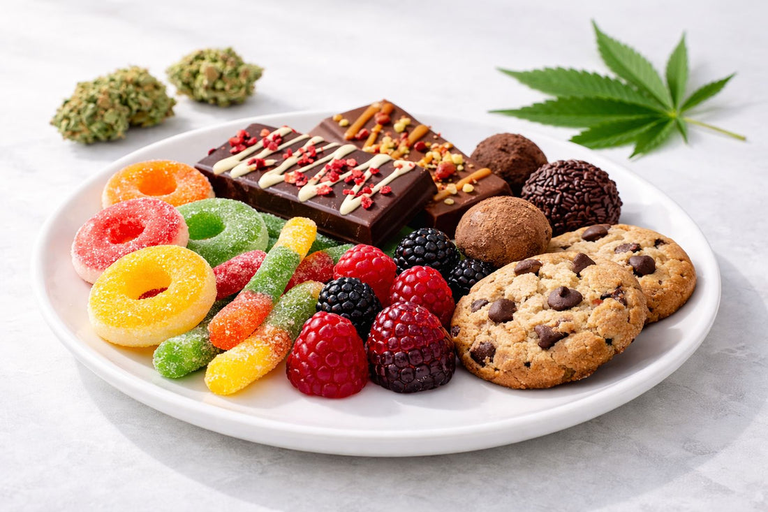 Low-dose THC edibles for beginners in NYC including gummies, chocolate, cookies, berries, and cannabis leaf on a plate