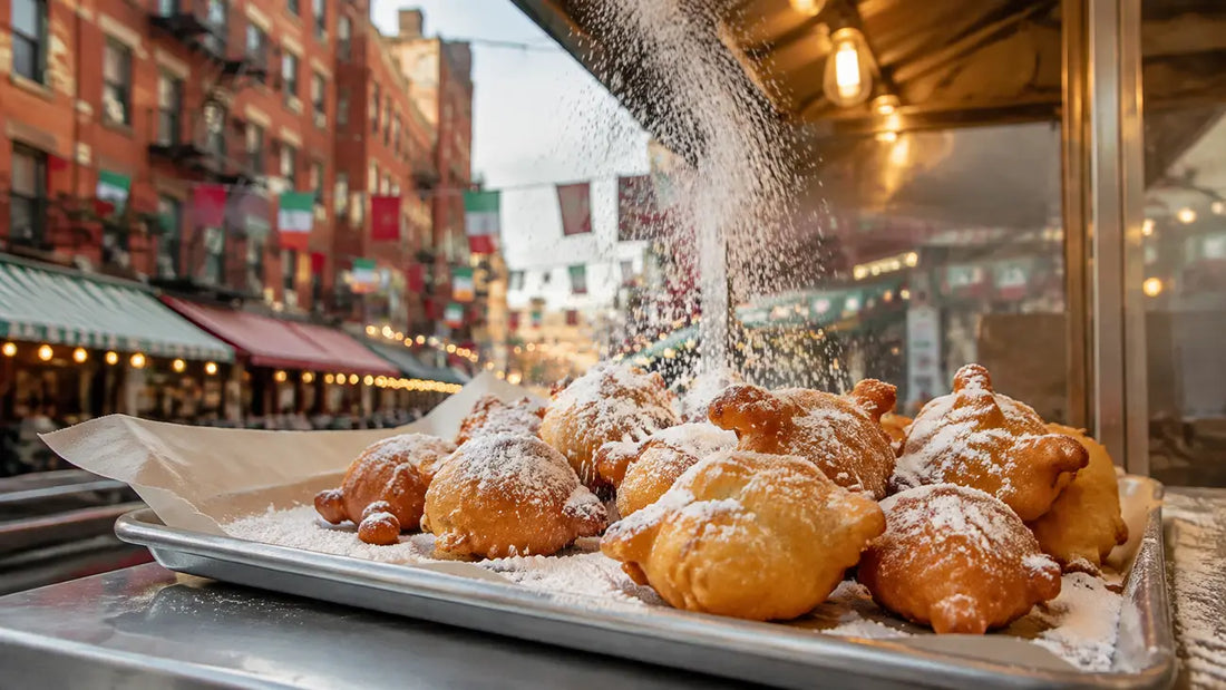 Fresh zeppole dusted with powdered sugar at the Feast of San Gennaro in Little Italy.