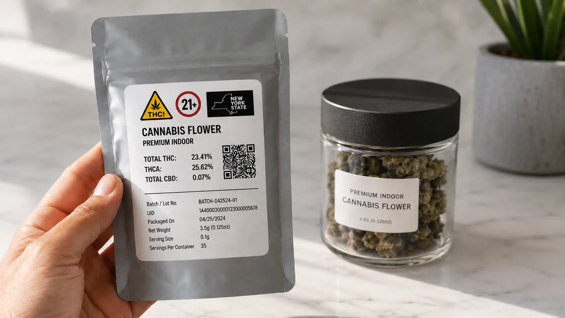 Close-up of a legal cannabis product label in New York showing THC and CBD numbers, a QR code, and the Universal THC Symbol