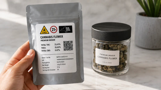 Close-up of a legal cannabis product label in New York showing THC and CBD numbers, a QR code, and the Universal THC Symbol