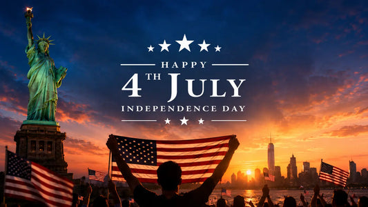 July 4th Independence Day celebration in New York City with Statue of Liberty, American flags, and Manhattan skyline