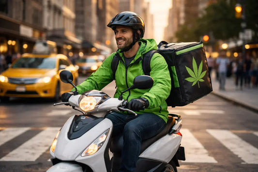 Licensed cannabis delivery courier riding scooter through Manhattan with legal weed delivery order