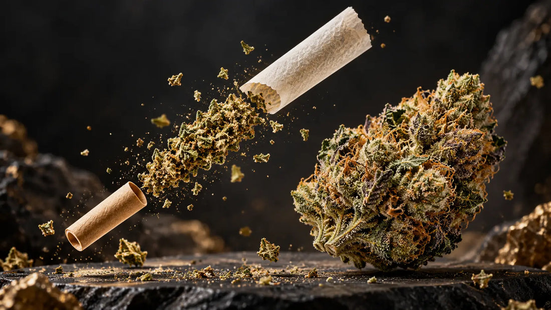 Pre-rolls vs flower comparison showing an exploded cannabis pre-roll with rolling paper and ground cannabis next to a whole flower bud.