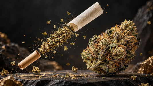 Pre-rolls vs flower comparison showing an exploded cannabis pre-roll with rolling paper and ground cannabis next to a whole flower bud.