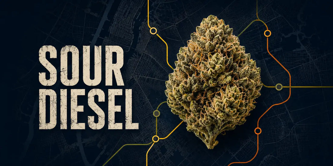 Sour Diesel cannabis flower over a dark New York City map with subway-style lines.