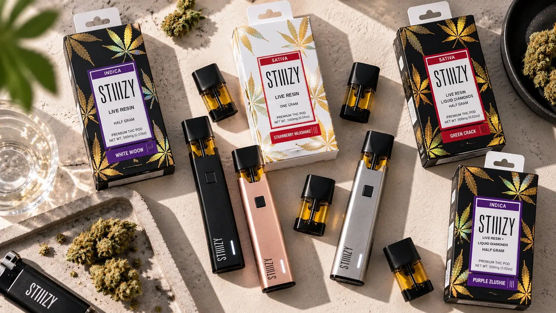 STIIIZY pods and XL Pro batteries in black, rose gold and silver, available at Mighty Lucky in New York