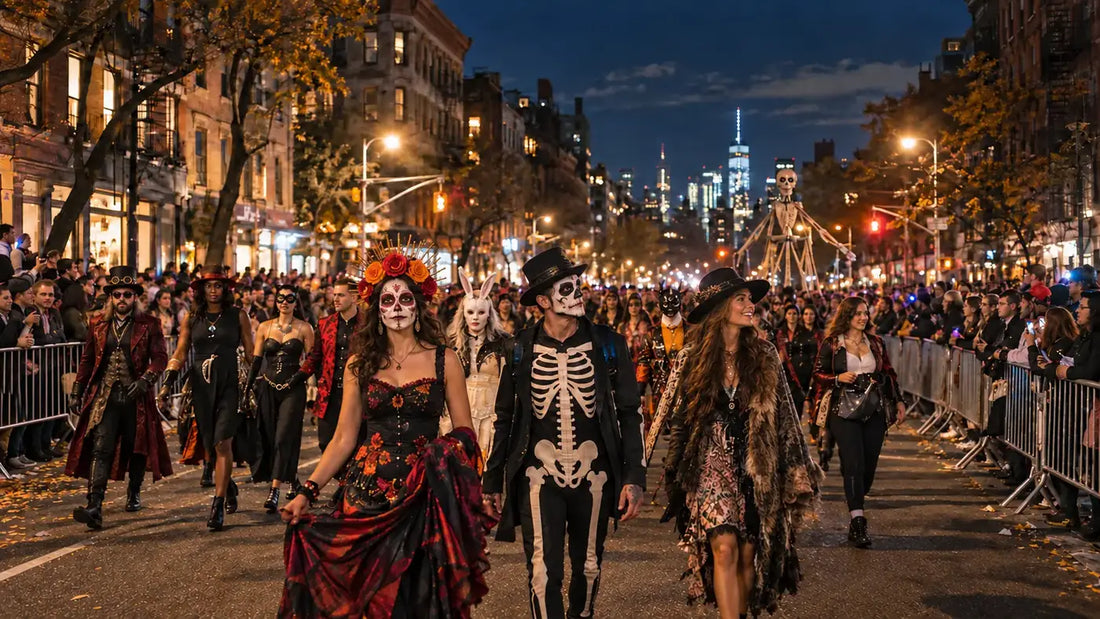 Costumed marchers and spectators along Sixth Avenue during the Village Halloween Parade in New York City