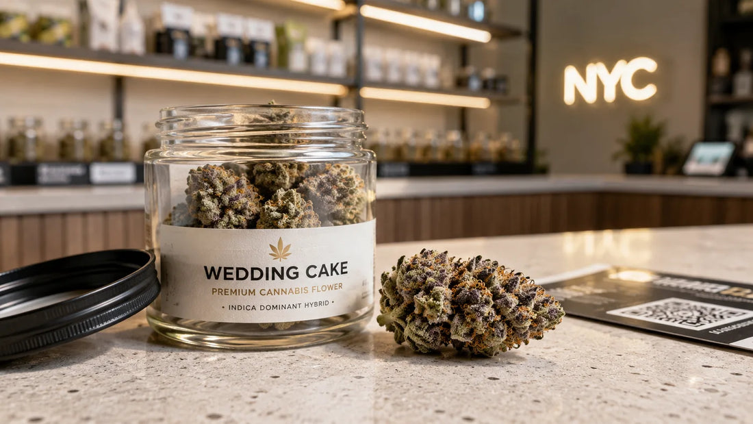 Wedding Cake cannabis flower in a jar at a New York City dispensary