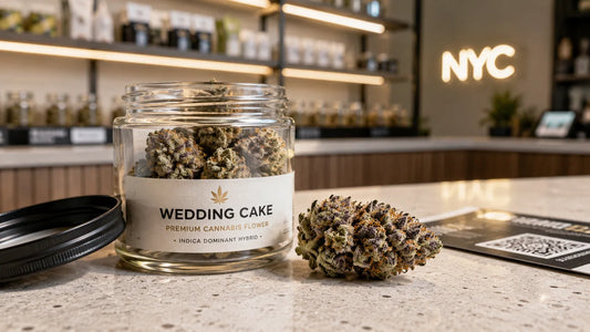 Wedding Cake cannabis flower in a jar at a New York City dispensary
