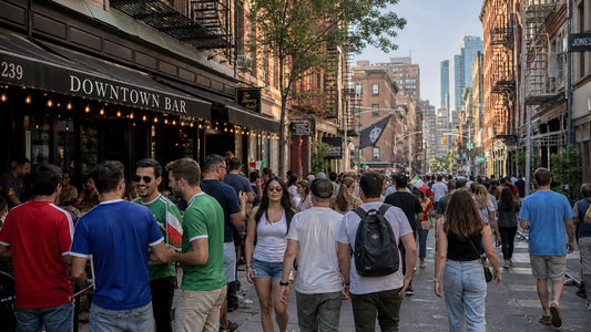 Crowds walking through Downtown Manhattan on World Cup Final day near Bowery and SoHo