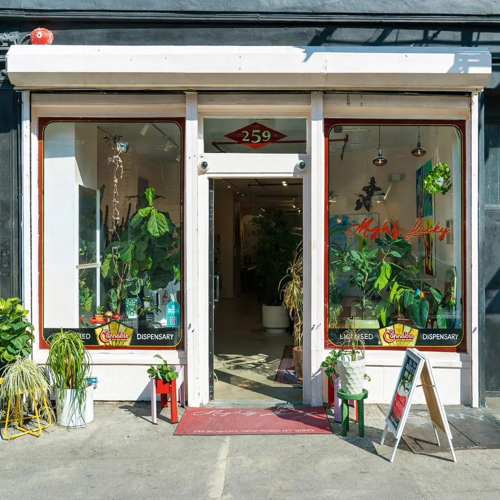 Ground-floor storefronts and historic buildings near Mighty Lucky cannabis dispensary in East Village, NYC