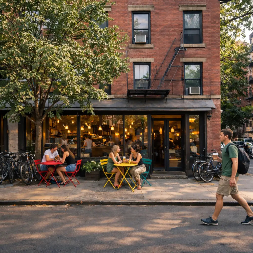 Street view of East Village in New York City with classic brick buildings and fire escapes near Mighty Lucky cannabis dispensary