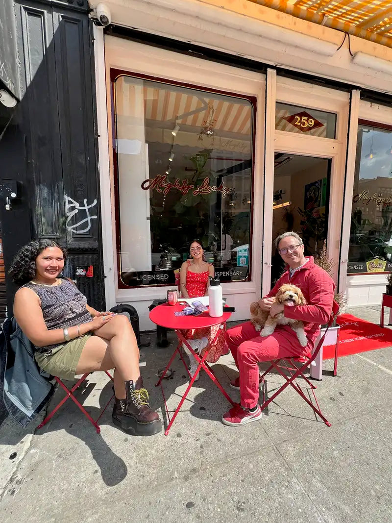 Customers seated outside Mighty Lucky licensed cannabis dispensary at 259 Bowery in New York City