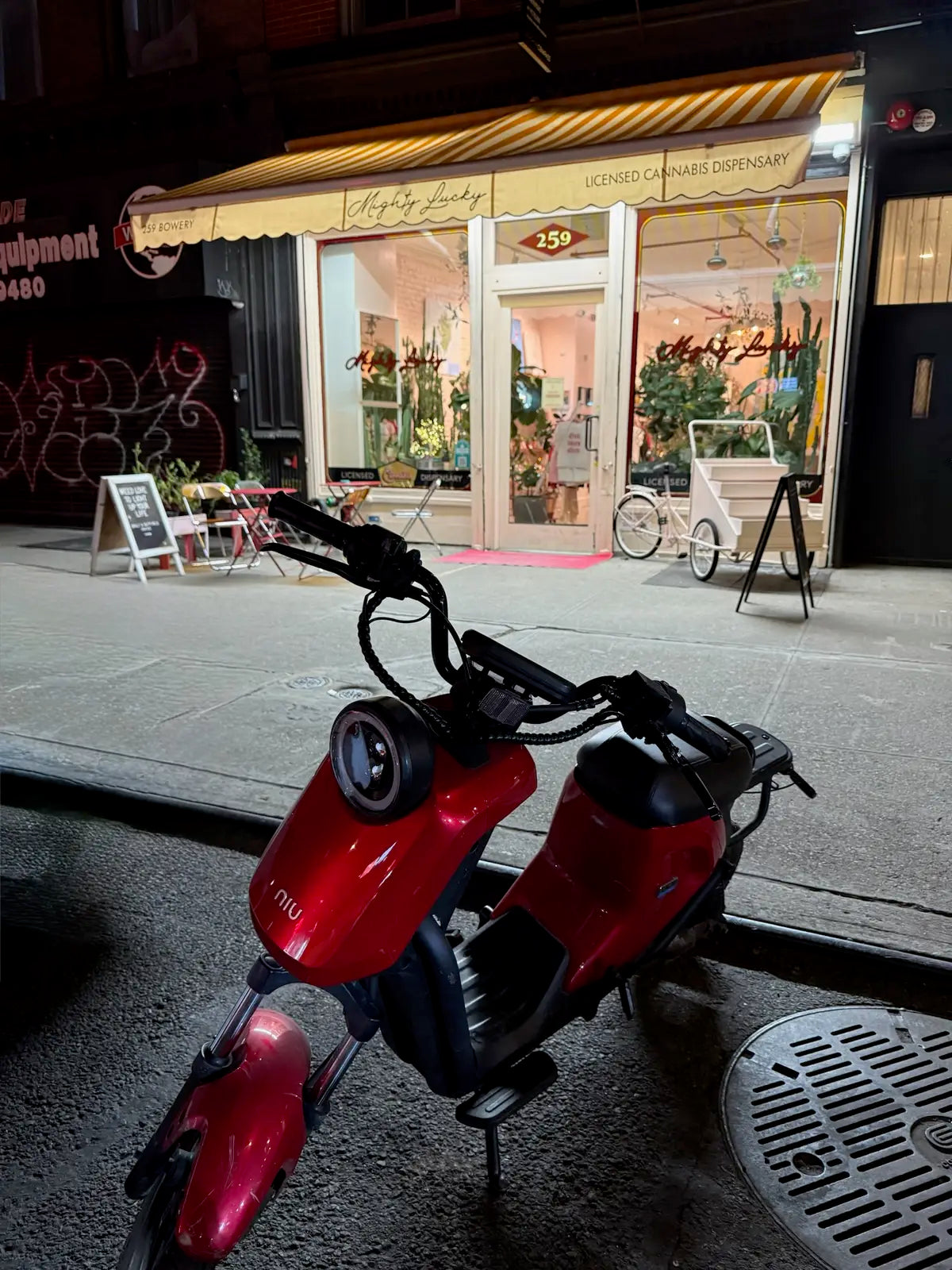 Mighty Lucky licensed cannabis dispensary storefront at 259 Bowery, New York, serving Greenwich Village and the West Village